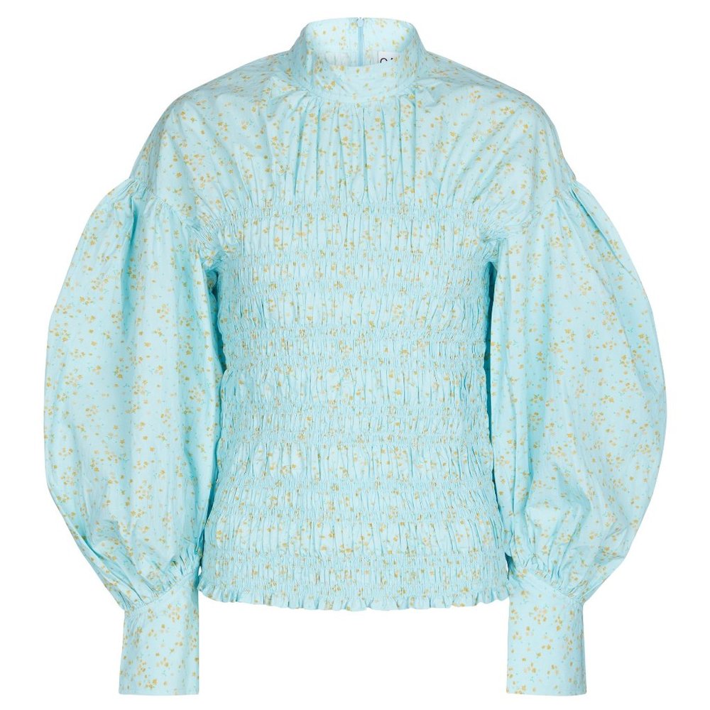$280 Ganni  Shirred Floral-print Organic Cotton-blend Poplin Blouse Turquoise 38